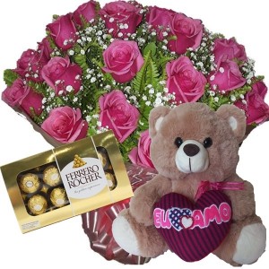Buquê 12 rosas Pink+Chocolate 8un+Urso 25cm "Eu te Amo"