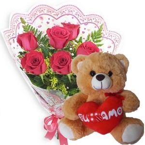 Mini buquê com 6 Rosas Vermelhas+Urso 25cm "Eu te Amo"