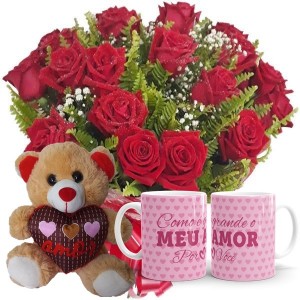Buquê 12 rosas Vermelhas+Urso Coração Amor 20cm+Caneca "Como é grande o meu amor por você"