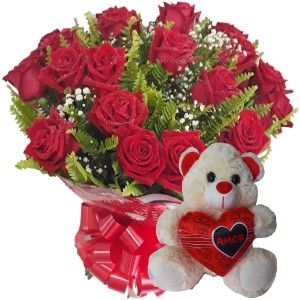 Buquê 12 Rosas Vermelhas+Urso Coração Amor 20cm