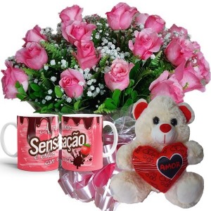 Buquê 12 Rosas Cor Rosa+Urso 20cm Coração "Amor"+1Caneca Sensação