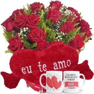 Buque com 12 Rosas Vermelhas+Coração Grande "Eu Te Amo" 75x42+1Caneca Exclusiva Melhor Mãe