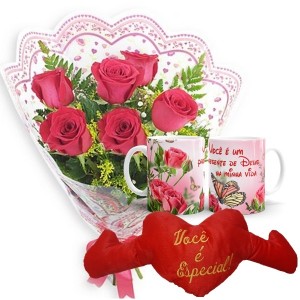 Mini Buquê com 6 Rosas Vermelhas+Coração "Você é Especial"+1Caneca (Rosa) "Você e um presente de Deus..."