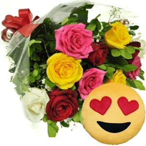 Buquê 12 Rosas Coloridas+Emoji Apaixonado 28cm