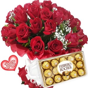 Buquê com 36 rosas Vermelhas+Chocolate 12un