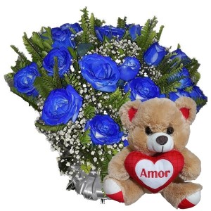 Buquê 12 Rosas Azuis + Urso Coração Amor 15cm