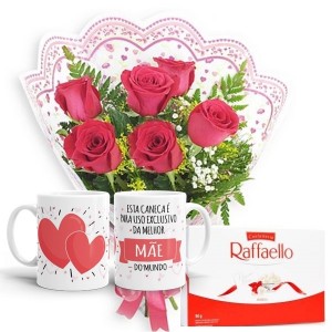 Mini Buquê com 6 Rosas Vermelhas+1Caneca Exclusiva Melhor Mãe+Rafaello 9un