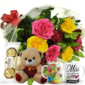 Buque com 12 Rosas Coloridas+Urso com Camiseta 18cm +1Caneca MÃE como e grande...+Chocolate 3un