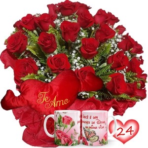 Buquê com 24 Rosas Vermelhas+Coração "Te Amo" 30x65+1Caneca (Rosas) Você é um presente de Deus...
