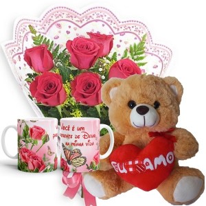 Mini buquê com 6 Rosas Vermelhas+Urso 25cm "Eu te Amo"+1Caneca(Rosa) "Você é um presente de Deus..."