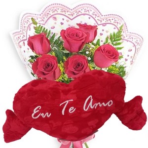 Mini Buquê com 6 Rosas Vermelhas+Coração Grande "Eu Te Amo" 62x34