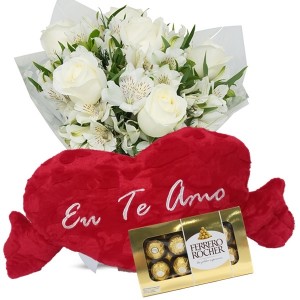Mini Buquê com 6 Rosas Brancas e Astromélias Branca+Chocolate 8un+Coração Grande "Eu Te Amo" 62x34