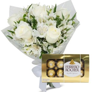 Mini Buquê com 6 Rosas Brancas e Astromélias Branca+Chocolate 8un