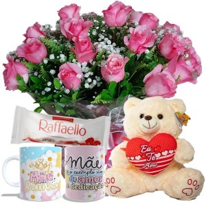 Buquê com 12 Rosas cor Rosa+Urso Pelúcia 30cm "Eu te amo"+Chocolate Rafaello 3un+1Caneca "Mãe Rainha"