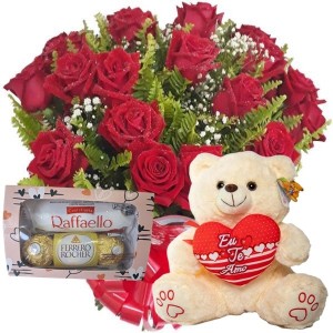 Buquê 12 Rosas Vermelhas+Urso Pelúcia "Eu te amo" 30cm+Chocolate 6un (Rafaello e Ferrero)
