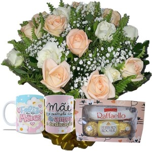 Buquê 12 Rosas Brancas e Chá+Chocolate 6un+1Caneca "Feliz dia das Mães"