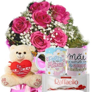 Mini buquê 6 Rosas Pink+Urso 30cm Coração "Eu te Amo"+1Caneca "Feliz dia das Mães"+Chocolate Rafaello 3un