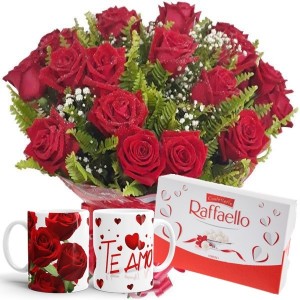 Buquê 12 Rosas Vermelhas+Chocolate Rafaello 9un + 1Caneca "Te Amo"