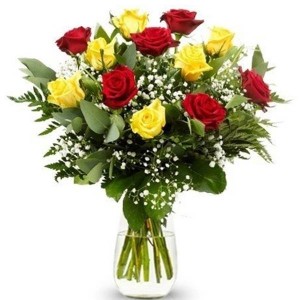 Arranjo no Vaso G com 24 Rosas Vermelhas e Amarelas