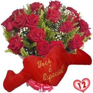 Buquê 12 Rosas Vermelhas + Coração Pelúcia "Você é Especial" 65x30cm